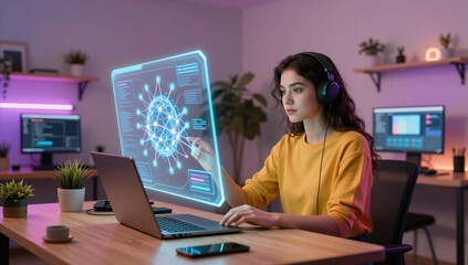 Gen Z Female Developer Creating AI Models in Modern Home Studio