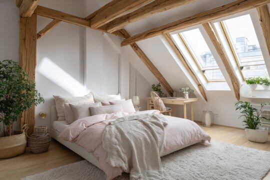 Sunlit loft attic bedroom with sloped ceiling, pastel bedding, and greenery
