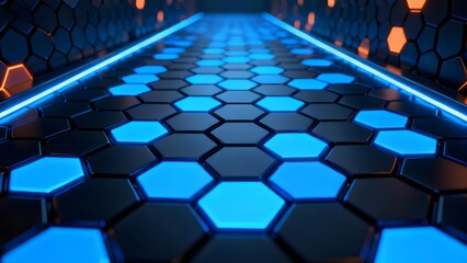 Obraz premium Futuristic hexagonal corridor with glowing blue tiles and illuminated edges