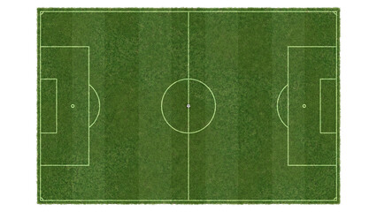 Top view of soccer football field with transparent background overlay, green grass texture and white pitch lines © lightregularbold