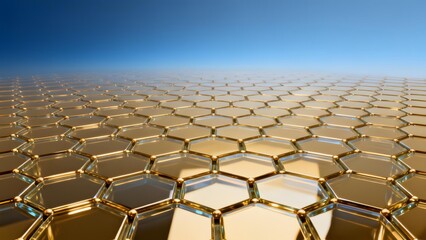 Naklejka premium Golden hexagonal grid extending into the horizon under a clear blue sky