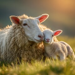 Obraz premium Tender moment between a mother ewe and newborn lamb in a sunlit meadow