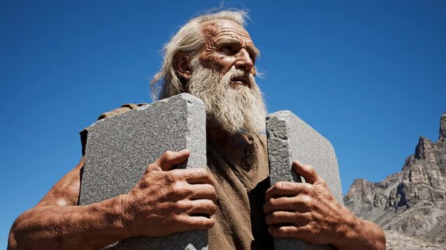 Elderly man with a white beard holding stone tablets in the mountains. Biblical prophet Moses concept with the Ten Commandments. Ancient religious history