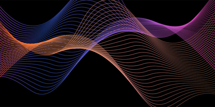 Smooth neon sound wave on black background. Abstract flowing wavy lines design for ai concept, eq equalizer, audio record, voice assistant. Blue pink orange gradient curve stripe wallpaper. Vector