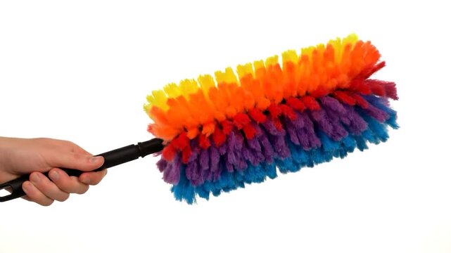 A hand holds a colorful duster against a white backdrop. The colors transition across the end