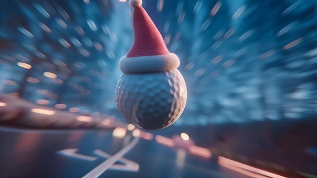 Festive golf concept featuring a golf ball wearing a Santa hat