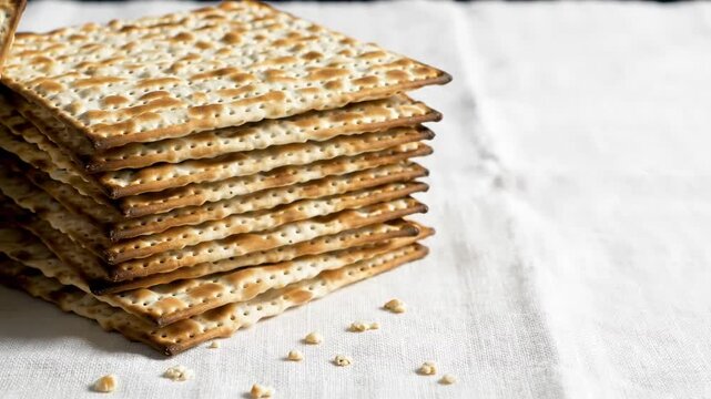 Close-up of a tall stack of Matzah unleavened bread on a white cloth. Traditional kosher food for Jewish Passover holiday
