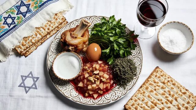 Top view of Passover Seder table with traditional symbols. Seder plate, red wine, Matzah, and Star of David cloth. Jewish holiday flat lay