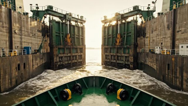 A large ship enters a lock chamber with open gates. Water flows in as sunlight streams through the opening, creating a dramatic scene of maritime engineering.