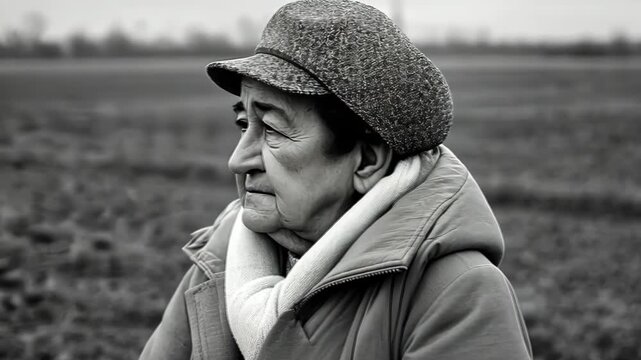 Elderly woman stands in a field and gazes thoughtfully into the distance during a cloudy day