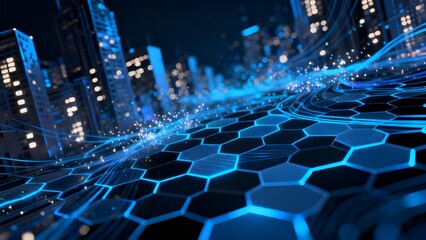 Naklejka premium Futuristic cityscape with glowing hexagonal grid and digital light trails at night