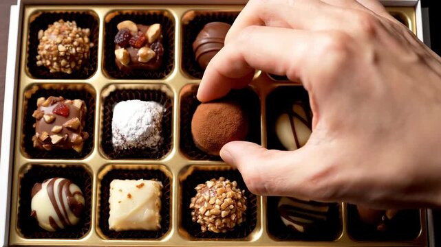 Top view of a hand picking a chocolate truffle from a gift box. Assorted gourmet chocolates selection. Valentine's Day or holiday dessert concept