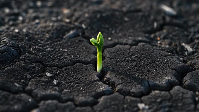 Time-lapse of a green seedling growing through cracked dry earth. Plant life emerging from parched soil. Concept of drought recovery and resilience