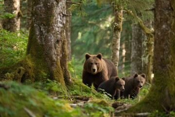 Fototapeta premium Ursus arctos scene: mother bear and cubs in a peaceful summer forest