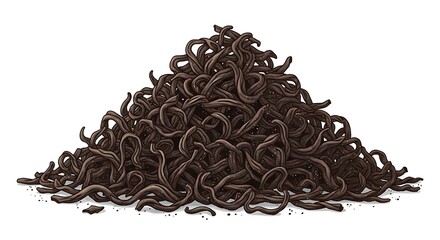 Pile of dark brown earthworms on white background