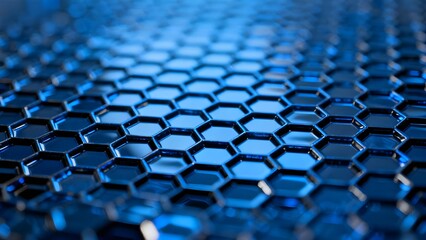 Close-up of a blue hexagonal grid pattern with reflective surface and depth effect