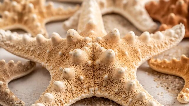 Close-up zoom in of dried starfish arranged on a wooden table with sand. Marine decoration and beach holiday concept