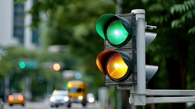 Traffic lights change from red to green and yellow at a busy intersection in a city during the afternoon