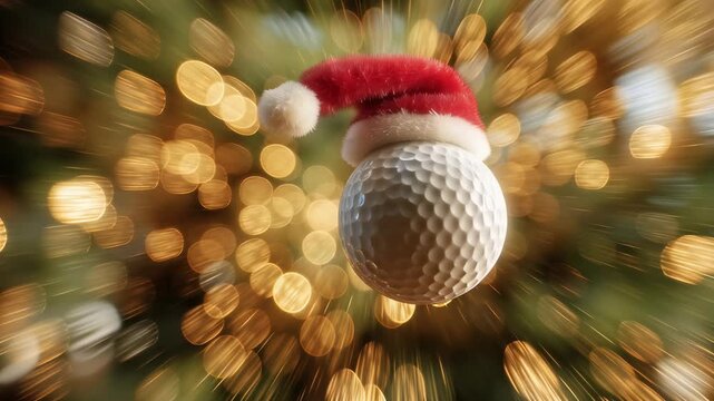 Festive golf concept featuring a golf ball wearing a Santa hat