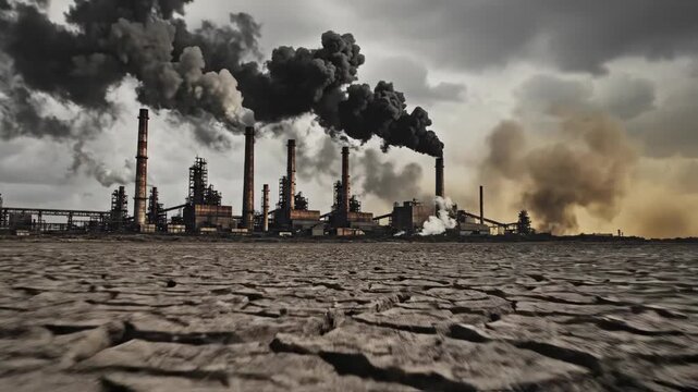 Industrial plant emitting smoke into polluted sky above cracked dry earth, environmental degradation concept