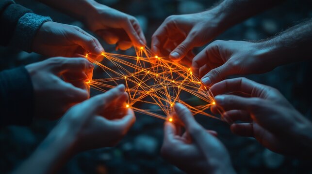 Hands Weaving Intertwined Threads into an Intricate Web &ndash; A Powerful Metaphor for Human Connection Through Communication, Support, Love, and Care