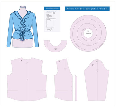 Stylish women long sleeve fitted blouse with ruffles. Featuring V neck and no darts. Sewing pattern includes bodice, sleeve, circular flounces and back. Sizes small and medium.