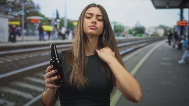 Woman holding beer bottle in one hand and touching her neck with the other on a street train platform, gazing with a resentful expression; boredom.