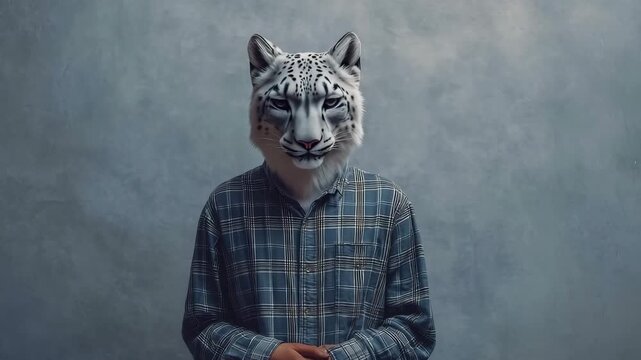 Person wearing snow leopard mask and plaid shirt against textured gray wall backdrop. Concept of anthropomorphic fashion portrait. fantasy identity, wild meets urban