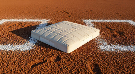 Close-up of first base on a baseball field, bright daylight, graphic style, emphasizing preparation, anticipation, and clean play, outdoors, game.