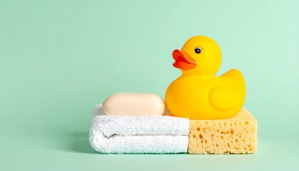 Cheerful yellow rubber duck with a clean white towel, natural soap bar, and bath sponge on a fresh green background, perfect for a relaxing bath or shower concept