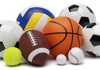 Assorted sports balls including soccer, basketball, football, tennis, volleyball, and baseball in a group shot with a clean and minimalist white background, isolated and rendered in a realis