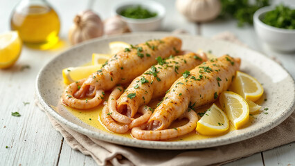 Fototapeta premium Grilled Calamari Squid with Lemon Butter Sauce and Fresh Herbs on Plate