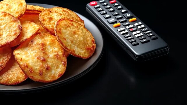 Enjoying snacks while watching TV at home with crispy chips on plate and remote control beside