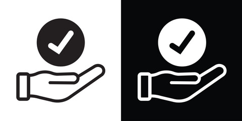 Approval and verification icon with a checkmark in a circle held by a hand. Vector symbol representing confirmation, quality assurance, success, and completed tasks. © bibin