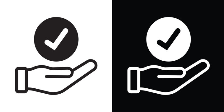 Approval and verification icon with a checkmark in a circle held by a hand. Vector symbol representing confirmation, quality assurance, success, and completed tasks.