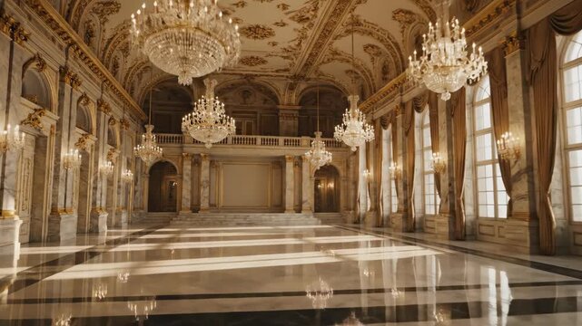 Luxurious ballroom hall with chandeliers and marble architecture featuring shifting sunlight patterns for event space or wedding venue.