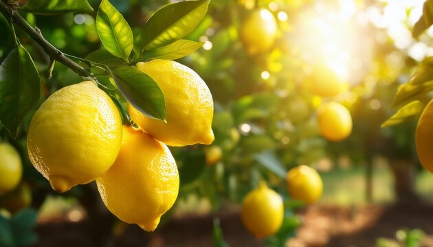 ripe sweet juicy lemons on the tree close up lemon harvest in a fruit garden with sunlight in the background ripe sweet juicy lemons