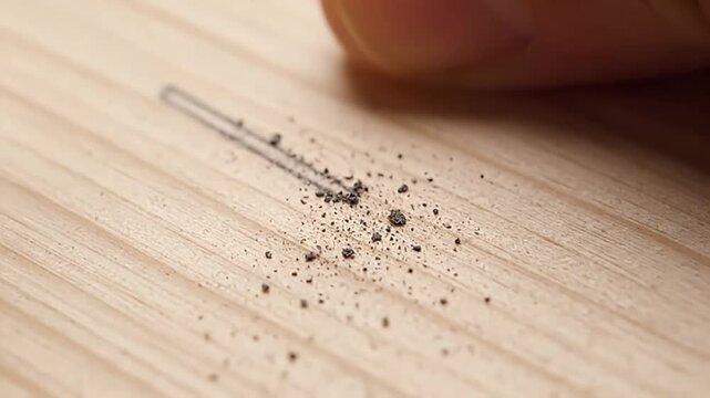 Close-up of fine dark dust particles scattered on a light wooden surface, showing faint parallel lines and a human finger.