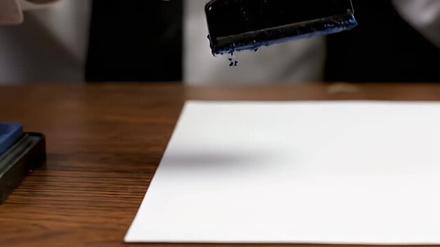 A person's hand holds an ink-laden stamp above a clean white sheet of paper on a wooden desk.