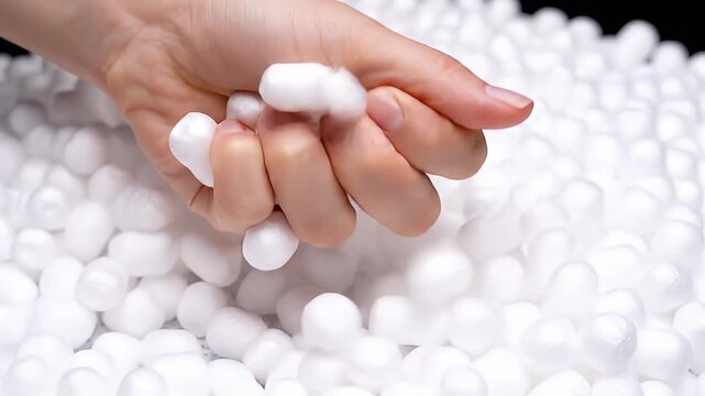 A human hand gently squeezes a handful of white expanded polystyrene beads.