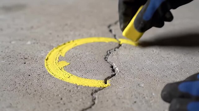 Gloved hands drawing a yellow circular arrow symbol with chalk on a cracked concrete floor, highlighting damage or repair.