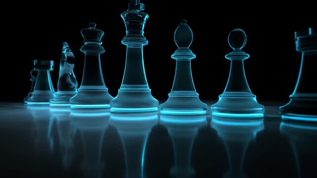 Transparent chess pieces against a dark background with reflections