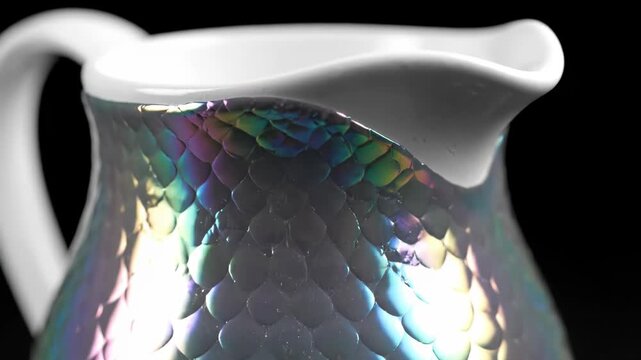 A white pitcher transforms with an iridescent, scale-like pattern. Vibrant, shifting colors emerge, creating a magical visual effect.