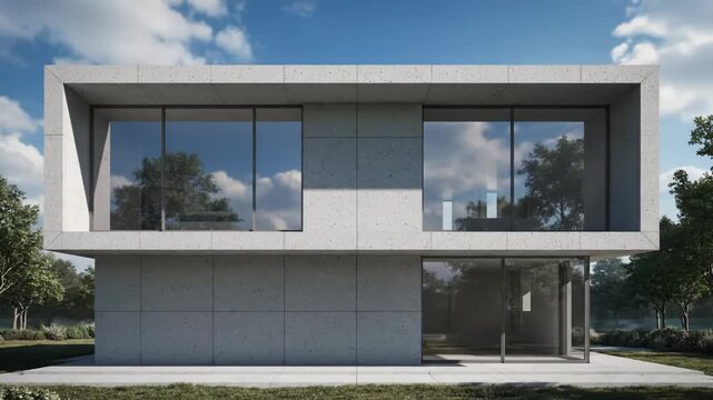 A modern concrete house design evolves from sketch to realistic render. Architectural visualization showcases a minimalist building in a serene outdoor setting.