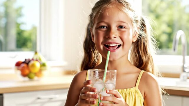 Little caucasian girl drinks water with a straw in a kitchen, holding a glass of ice water, showing a happy facial expression.