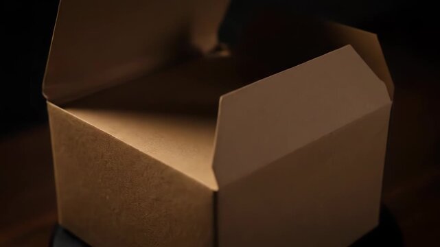 A simple cardboard box slowly opens and then closes. This empty package reveals its contents in a warm light.