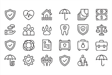 Insurance protection line icon collection, policy coverage and financial safety