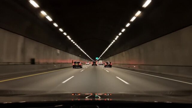 Cars driving through a brightly lit multi‑lane tunnel with strong depth perspective
