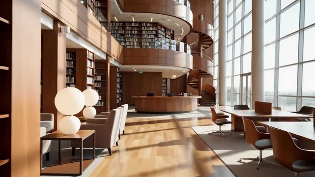 Bright, modern library interior with wooden bookshelves, sunlit study tables and spiral staircase for knowledge and education concept.