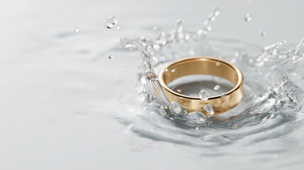 Minimal water splash ring on white surface with large copy space background for design